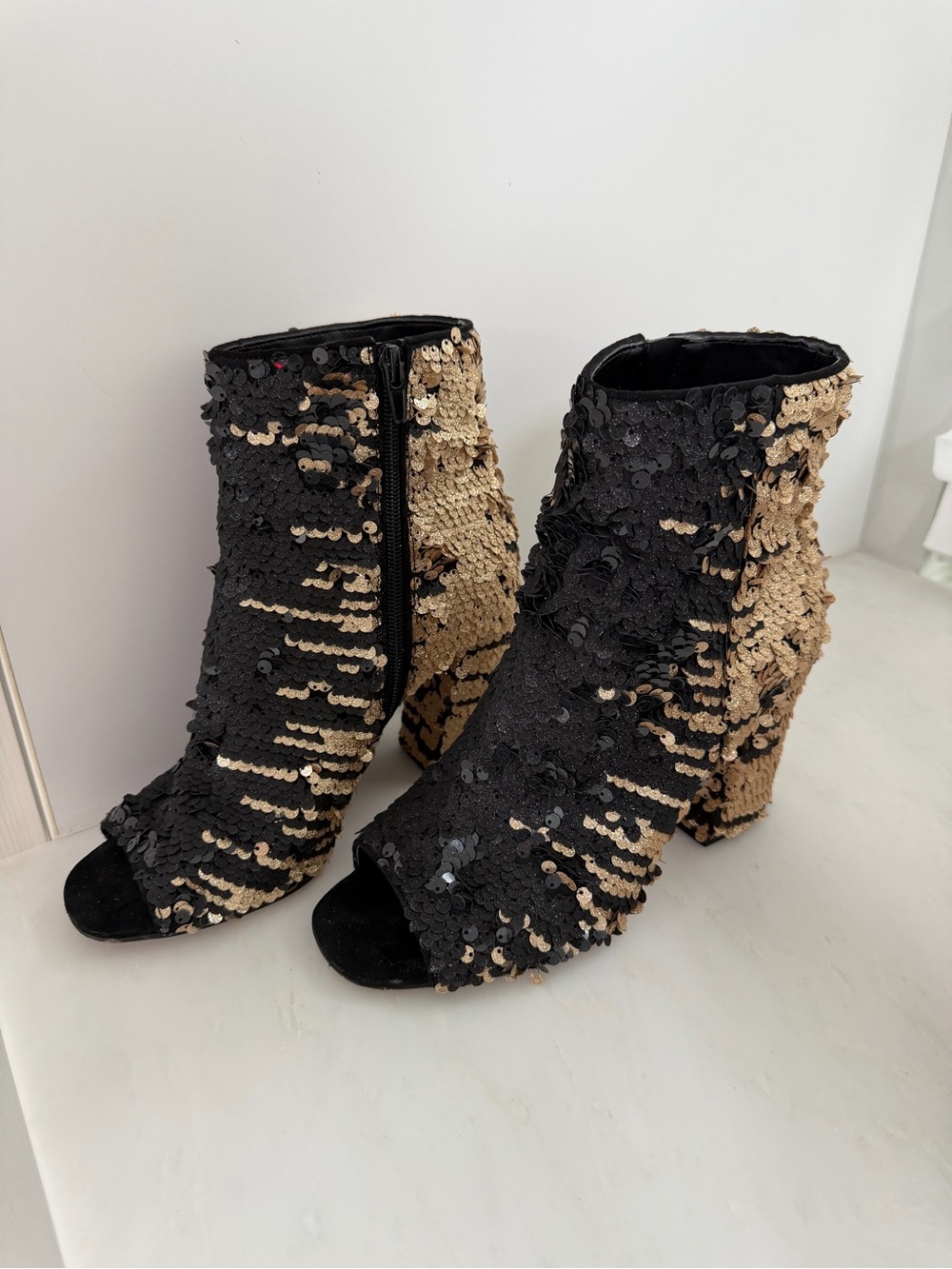 Enzo Angiolini Reversible Sequin Peep-Toe Block Heel Booties